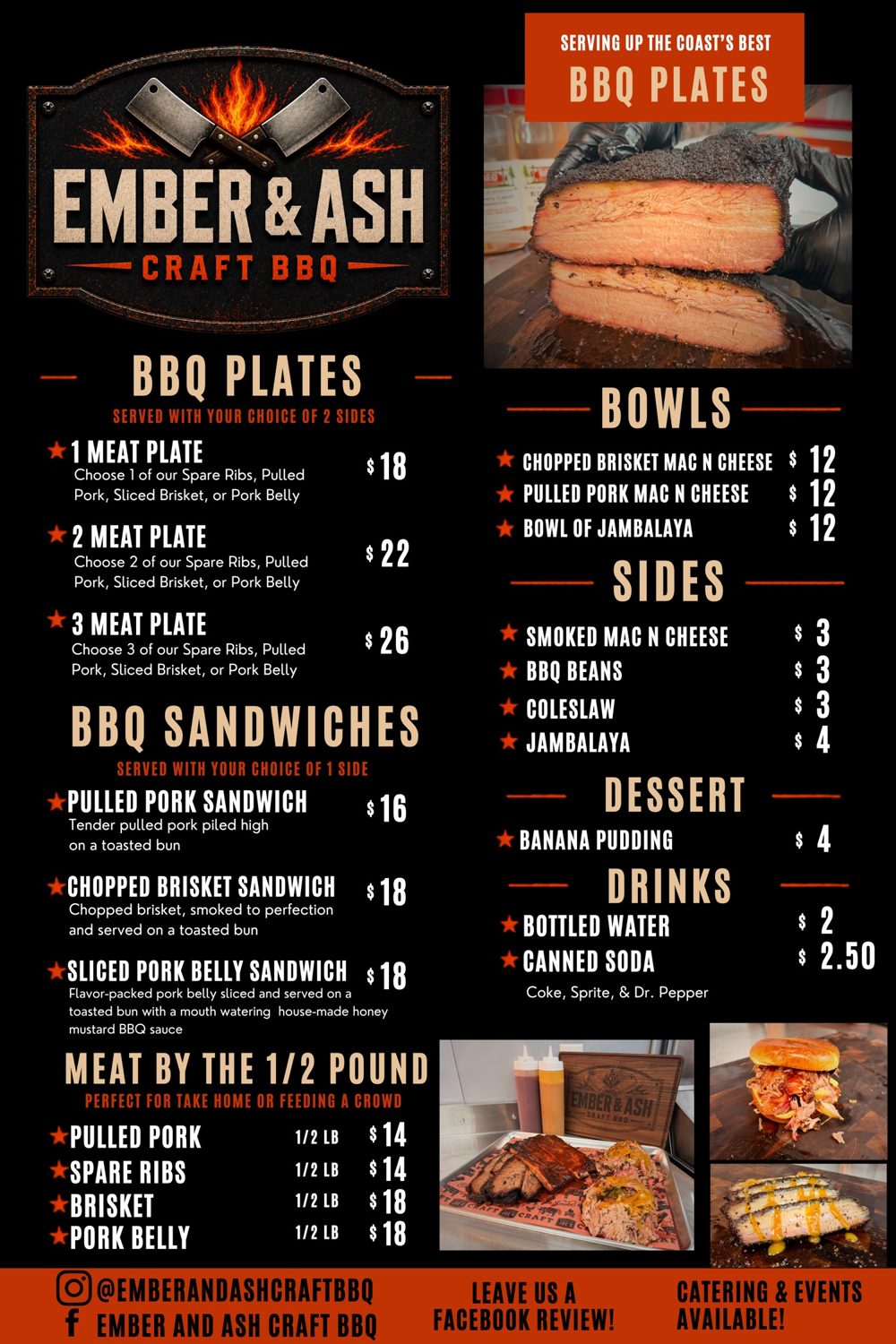 Ember & Ash Craft BBQ menu board image. All items and prices are listed in text above.